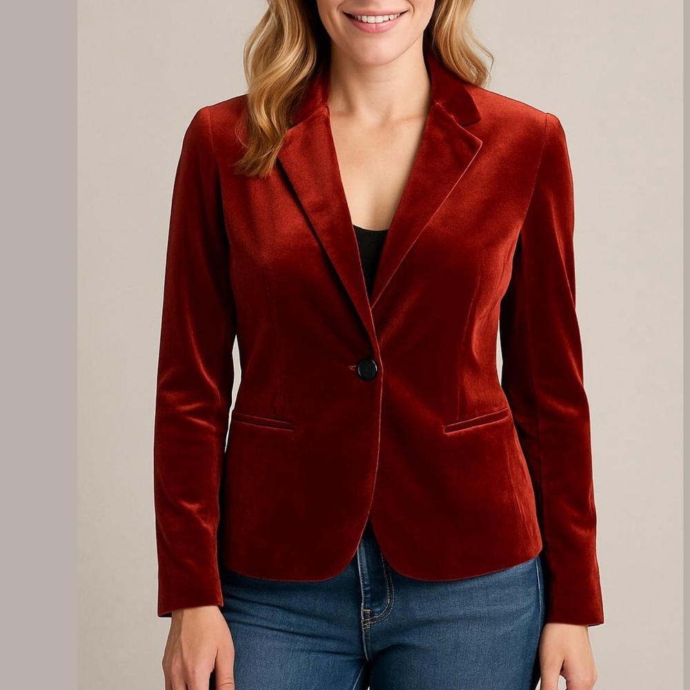 Molly Bracken Red Fitted Velvet Soft Long Sleeve Button Closure Blazer Sz S